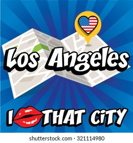 Los Angeles. I Love That City. Vector Illustration with country flag.