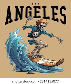 los angeles miami sun cartoon vector wave surfer skeleton man character illustration