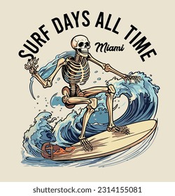 los angeles miami sun cartoon vector wave surfer skeleton man character illustration