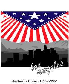 Los Angeles with mountains in background and American flag