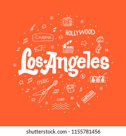 Los Angeles outline vector hand drawn doodle illustration with sign on red background with texture