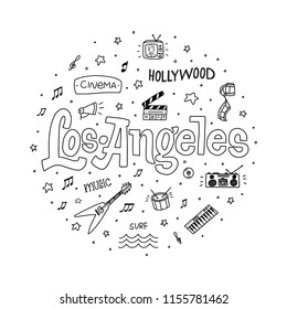 Los Angeles outline vector hand drawn doodle illustration with sign