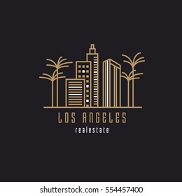 Los Angeles imobiliário modelo de logotipo paisagem urbana em cor dourada e branca com torres, arranha-céus, edifícios e palmeiras