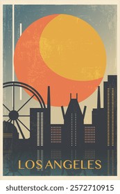 Los Angeles retro city poster with abstract shapes of skyline, buildings. USA, California state vintage travel vector illustration, cityscape at sunrise, sunset