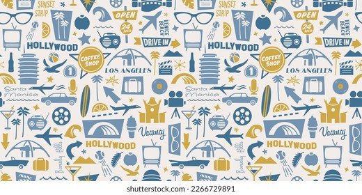 Los Angeles Retro Icons Pattern | Illustrated L.A. Buildings and Landmarks | Seamless L.A. Background with Vintage Style