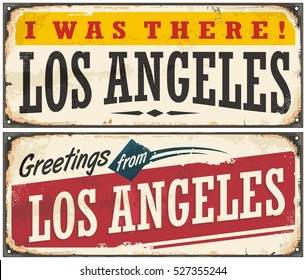 Los Angeles retro travel sign or postcard template. Greetings from Los Angeles USA. Vector illustration.