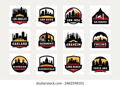 Los Angeles San Francisco San Diego San Jose Sacramento Fresno Long Beach Oakland Santa Ana Anaheim Bakersfield Riverside California Skyline Logo Vector Illustration Bundle