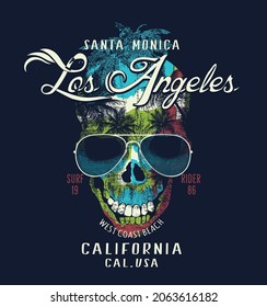 los angeles. santa monica .Vector Adventure graphic with a scary skull. Palm trees and sunset.