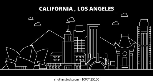Los Angeles silhouette skyline. USA - Los Angeles vector city, american linear architecture, buildings. Los Angeles travel illustration, outline landmarks. USA flat icon, american line banner