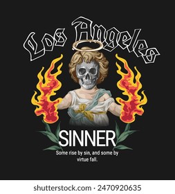 los angeles sinner slogan with fire death angel vector illustration on black background