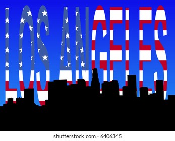 Los Angeles skyline against American flag text