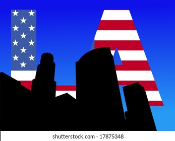 Los Angeles skyline with American flag text illustration