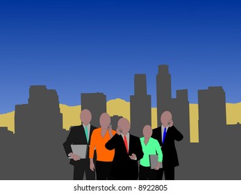 Los Angeles skyline with business team illustration