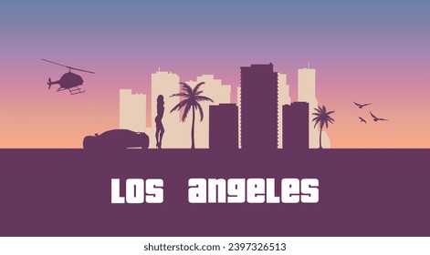 El horizonte de Los Ángeles. Paisaje de la ciudad de California. Playa de Malibu, rascacielos, edificios. Gráfico de silueta estadounidense. Las vibraciones norteamericanas. Avenida del Sol. Ilustración de Retro 80. Estética callejera.