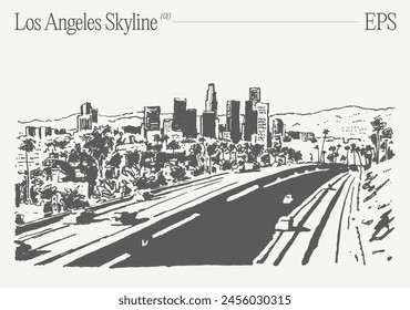 Los Angeles skyline, California. Highway in the foreground. Hand drawn vector illustration, sketch.