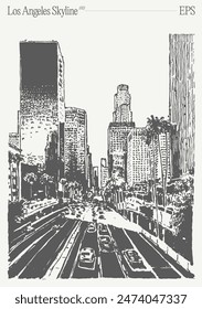 Los Angeles skyline, California. Highway in the foreground. Hand drawn vector illustration, sketch.