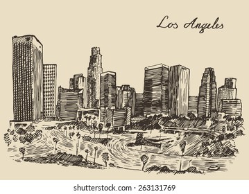 Los Angeles skyline (California), vintage engraved illustration, hand drawn, sketch