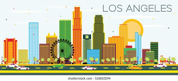 Los Angeles Skyline with Color Buildings and Blue Sky. Vector Illustration. Business Travel and Tourism Concept with Modern Architecture. Image for Presentation Banner Placard and Web Site.