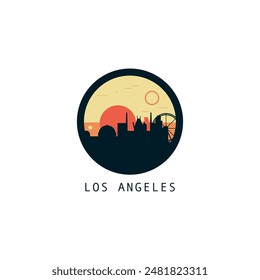 Los Angeles skyline, downtown panorama logo, logotype. USA, California state round badge contour, isolated vector vintage pictogram with monuments, landmarks