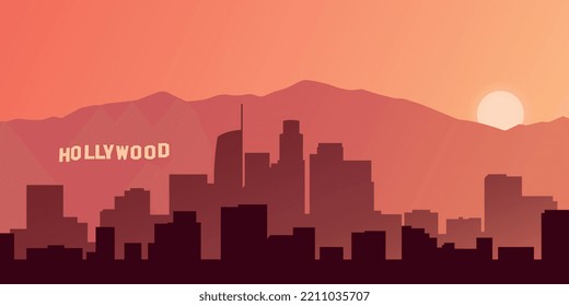 El horizonte de Los Ángeles durante la puesta de sol, CA, EEUU. Ilustración del vector