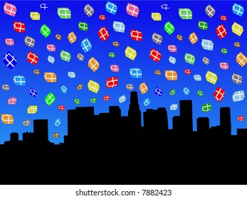 Los Angeles skyline with falling presents illustration