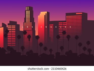 Los Angeles skyline at golden hour, California, USA. Skyscrapers in the downtown with beautiful colorful reflections. Original vector illustration