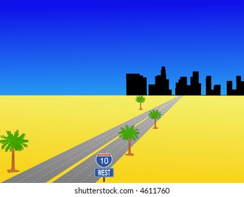 Los Angeles skyline and interstate 10 illustration