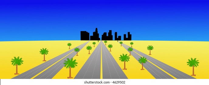 Los Angeles skyline and multiple highways with palm trees