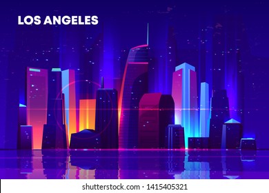 Los Angeles Skyline With Neon Illumination. Night City Architecture, Modern Megapolis With Glowing Skyscrapers Near Waterfront, Old Film With Lines And Pixel Noise Effect. Cartoon Vector Illustration