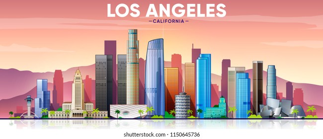 Los Angeles skyline with panorama in sky background. Vector Illustration. Business travel and tourism concept with modern buildings. Image for banner or web site.