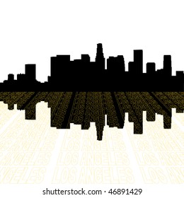 Los Angeles skyline with perspective text outline foreground