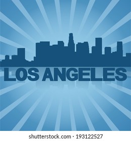 Los Angeles skyline reflected with blue sunburst vector illustration