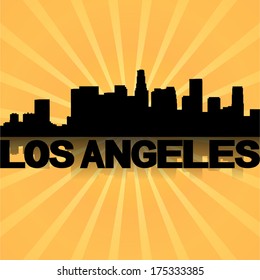 Los Angeles skyline reflected with sunburst illustration 