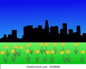 Los Angeles skyline in springtime with daffodils