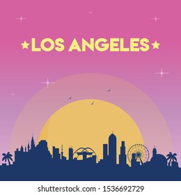 Los Angeles skyline vector illustration on sunset