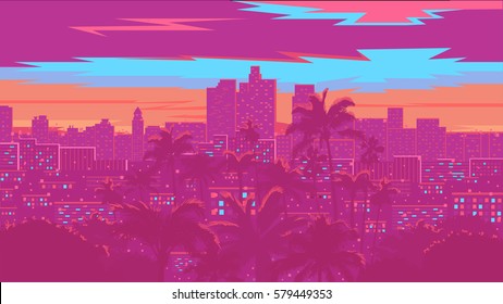 Los Angeles Skyline - Vector Illustration. Big Night City.