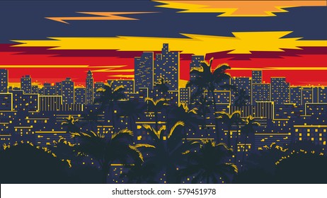 Los Angeles skyline - vector illustration. Big night city.