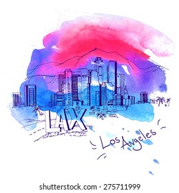 Los Angeles Skyline watercolor style with text illustration