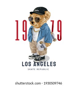 Los Angeles slogan with cute bear doll in sunglasses holding skateboard illustration