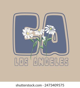 los angeles slogan , daisy sunflower sketch drawing for T-shirt and apparels graphic vector Print.