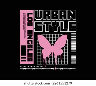 los angeles slogan with dripping butterfly vector illustration for urban t shirt design, screen printing, streetwear, apparel design