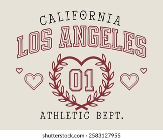 los angeles Slogan graphic for t-shirt. Retro varsity text for graphic tee t shirt or sweatshirt. Vintage Athletic Hearts. typography college varsity, Vintage college style typography California