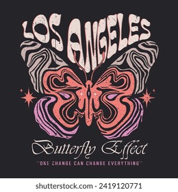 Los Angeles slogan text Butterfly vector hand-drawn design. Butterfly with vintage artwork for t-shirt print, poster, sticker, background, and other uses. vector print design for t-shirt 