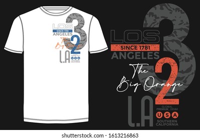 Los Angeles stylish typography slogan for t-shirt. The Big Orange. Abstract design with the line and camouflage style.  Vector print, typography, poster. Global swatches.