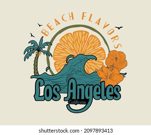 Los Angeles summer beach vibes, retro vector artwork for print  