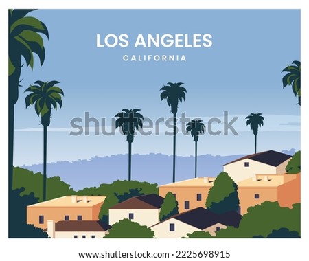 Los Angeles sunset with palm trees landscape background. travel to california, united states. vector illustration with flat style suitable for poster, postcard, card, art, print.