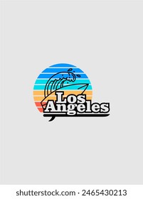 Los Angeles Surf, logo, tee shirt graphics, typography, vector illustration.