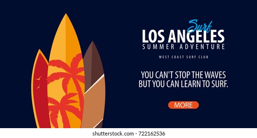 Los Angeles Surfing graphic with palms. Surf club Vector banner