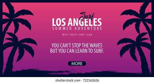 Los Angeles Surfing graphic with palms. Surf club Vector banner