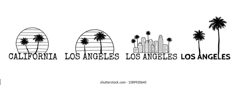 Los Angeles symbol set.  Line drawing with palm tree silhouette. Cityline. Vector sketch illustration isolated on white.